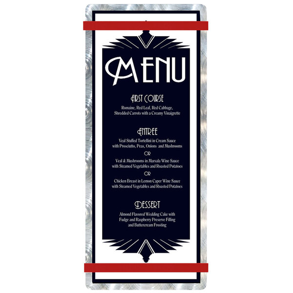 A white menu board with a customizable black swirl design and red bands.