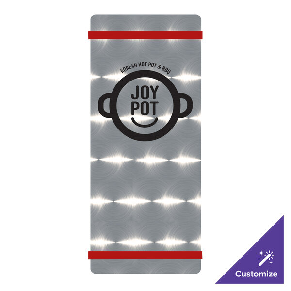 A Menu Solutions Alumitique menu board with red bands on a counter.