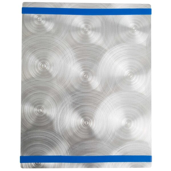 A silver metal surface with circles and a blue swirl pattern.