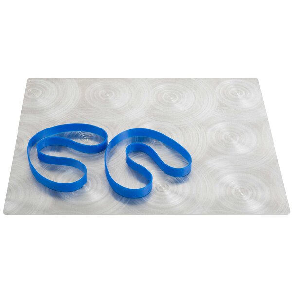 A silver surface with blue rubber bands on a Menu Solutions Alumitique menu board with royal blue bands.