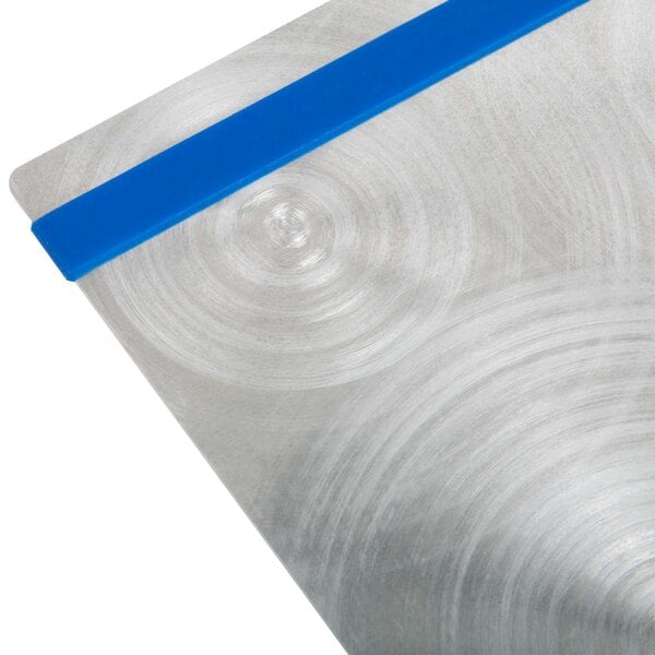 A close-up of a Menu Solutions Alumitique aluminum menu board with royal blue bands.