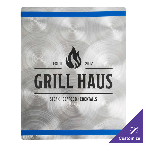 A silver Alumitique menu board with royal blue bands on a white background.
