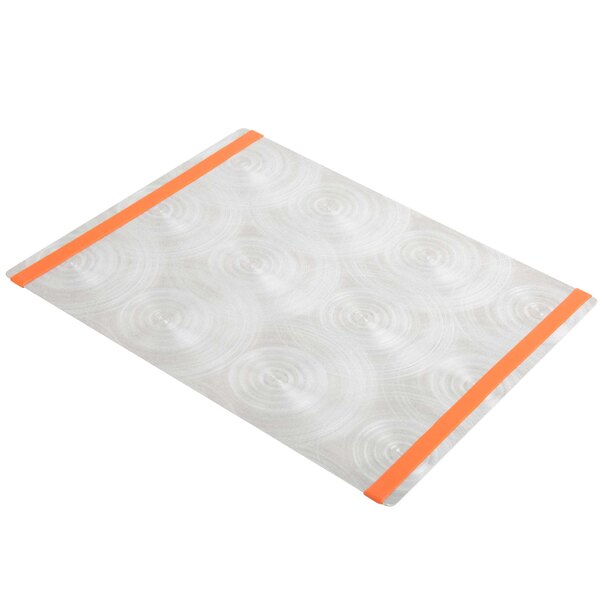 A white rectangular aluminum menu board with a swirl pattern and orange bands.