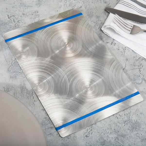 A Menu Solutions Alumitique menu board with royal blue bands on a white surface.