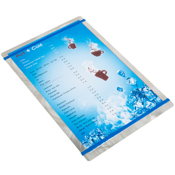 A Menu Solutions Alumitique menu board with a white and blue background and a royal blue swirl design.