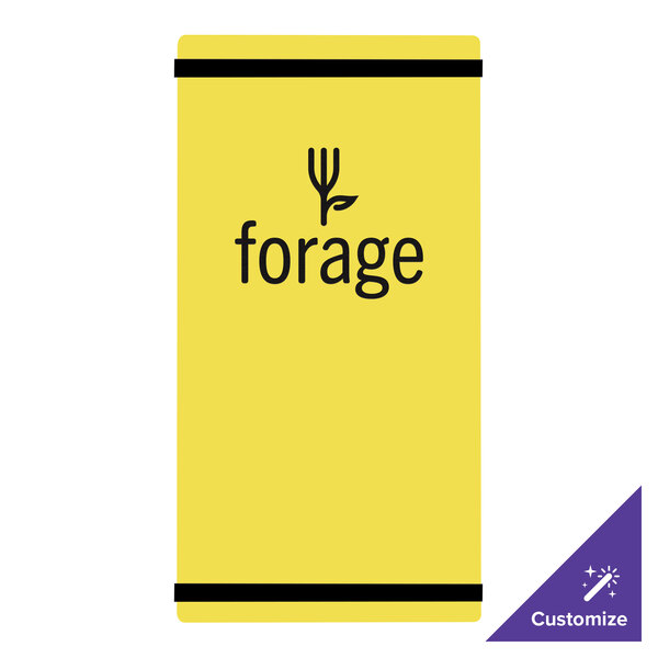 A yellow rectangular acrylic sign with black text.