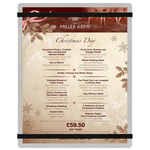 A Menu Solutions Alumitique menu board with black bands on a table in a buffet restaurant.
