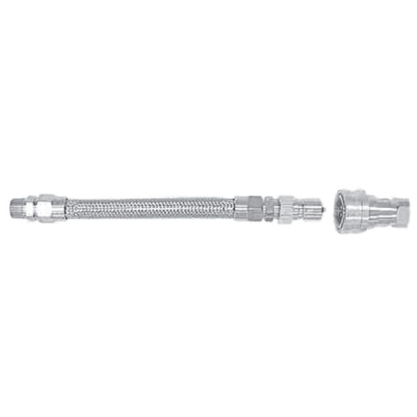 A close-up of a Dormont stainless steel water connector hose with a metal connector on one end.