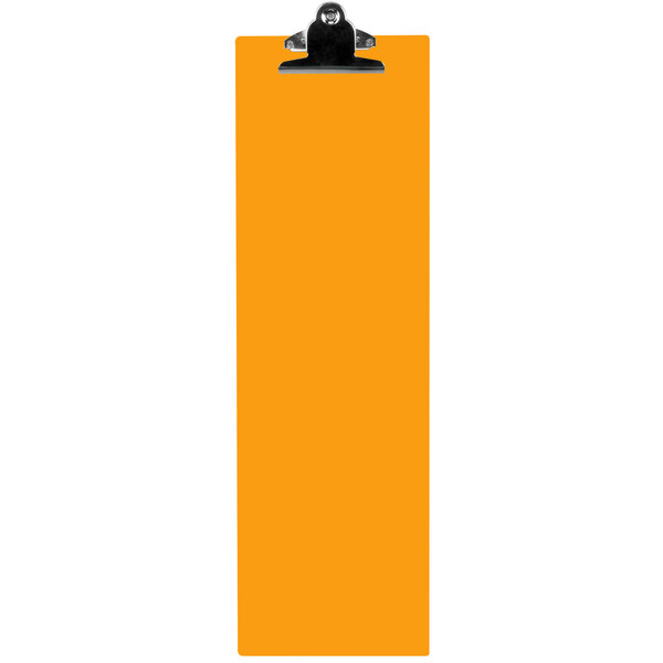 An orange rectangular acrylic clipboard with a black clip.