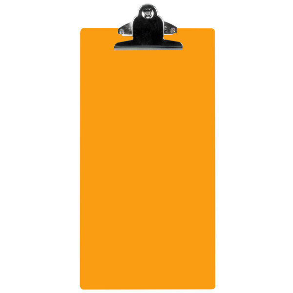 An orange rectangular acrylic clipboard with a metal clip.