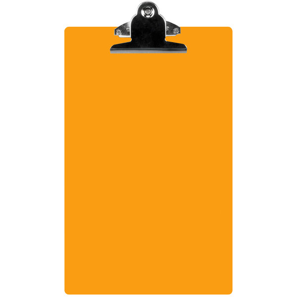 An orange rectangular acrylic clipboard with a metal clip.