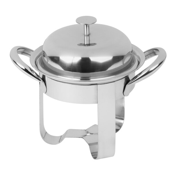 A silver stainless steel Libbey chafing dish with a lid.
