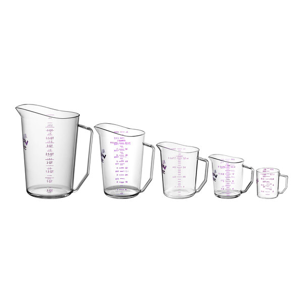 A row of Cambro purple polycarbonate measuring cups with purple writing on them.