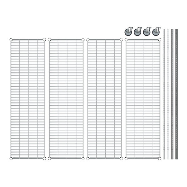 A Regency wire rack shelving kit with metal shelves and rods.