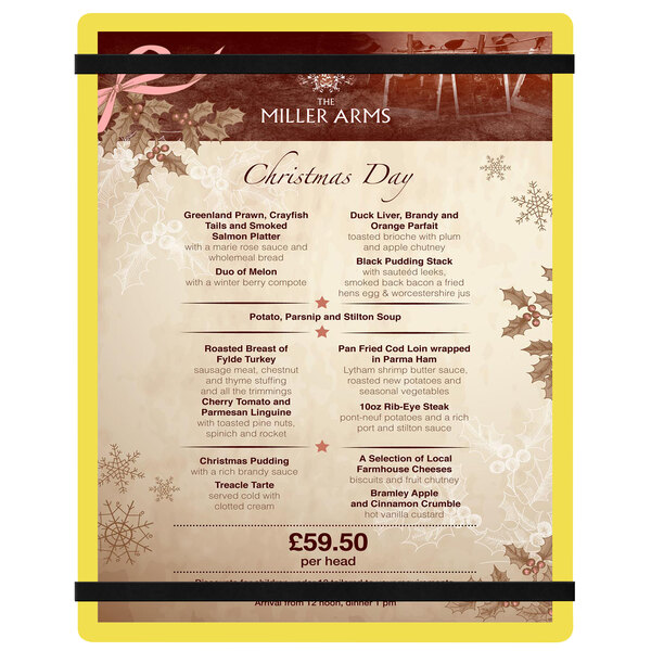A yellow Menu Solutions acrylic menu board on a table.