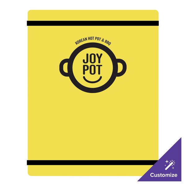 A yellow menu board with rubber band straps and black text.