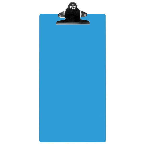 A blue rectangular Menu Solutions clipboard with a metal clip.