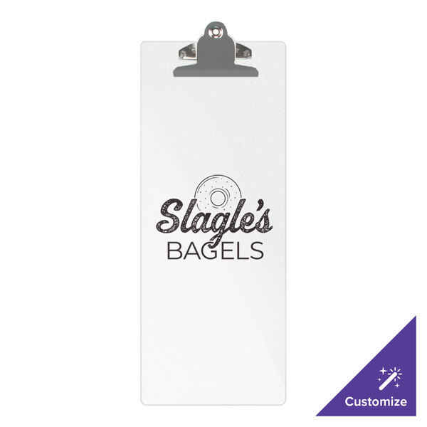 A clear frosted acrylic Menu Solutions clip board with black text on it.