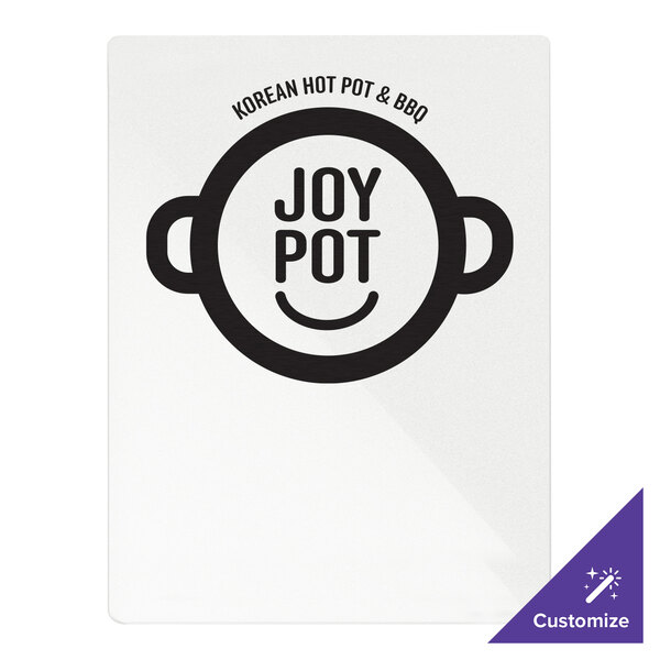 A clear frosted acrylic Menu Solutions board with rubber band straps holding a white sign with black text.