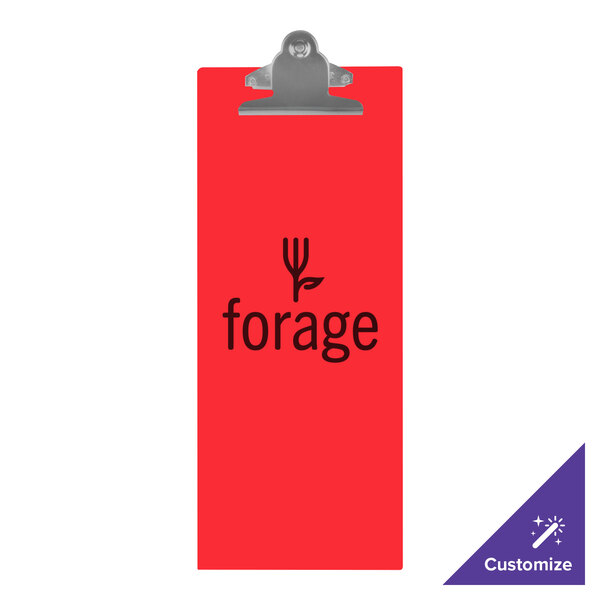 A red rectangular acrylic clip board with black text.