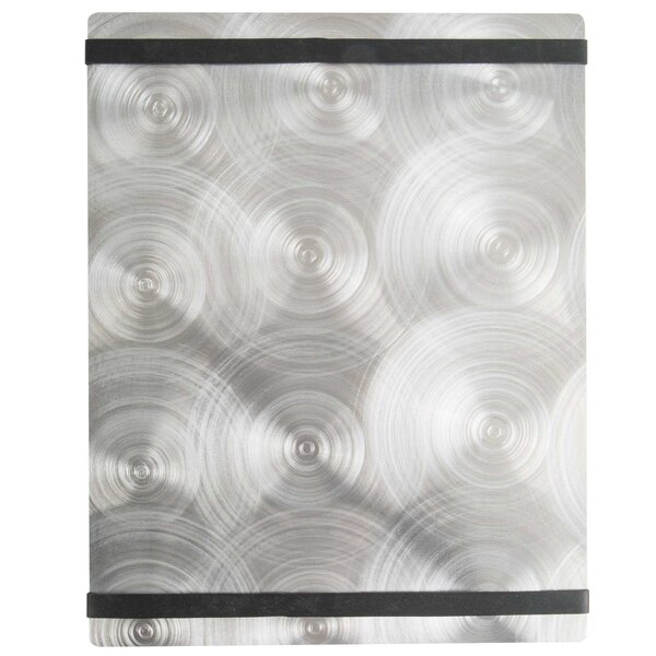 A silver rectangular Alumitique menu board with black bands on a metal surface.