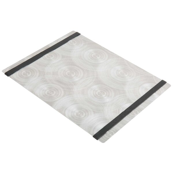 A white rectangular Alumitique menu board with black swirls and bands.
