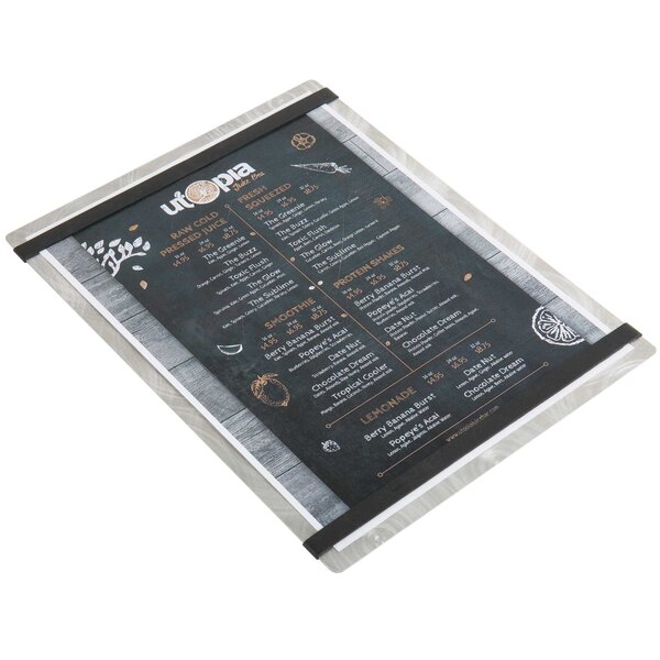 A customizable Alumitique aluminum menu board with black bands holding a menu.