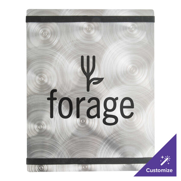 A silver aluminum menu board with black swirls and bands.