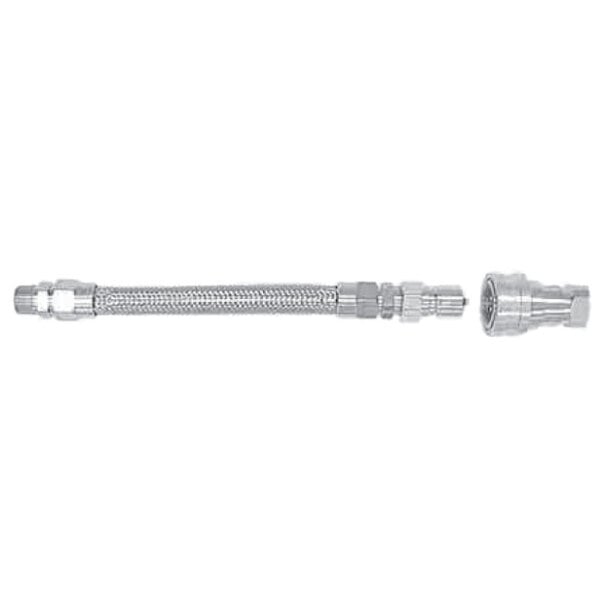 A Dormont stainless steel water connector hose with metal disconnects on both ends.