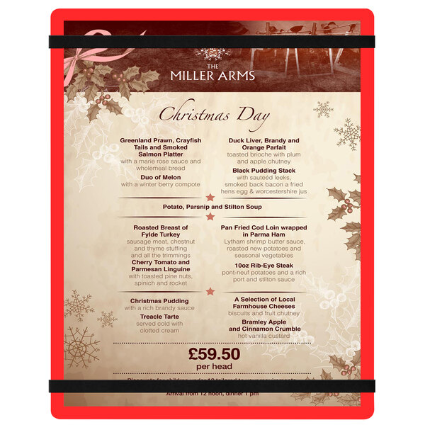 A red Menu Solutions acrylic menu board on a table.