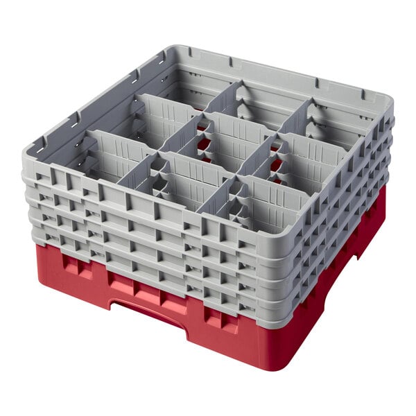 A red plastic Cambro glass rack with 9 compartments.