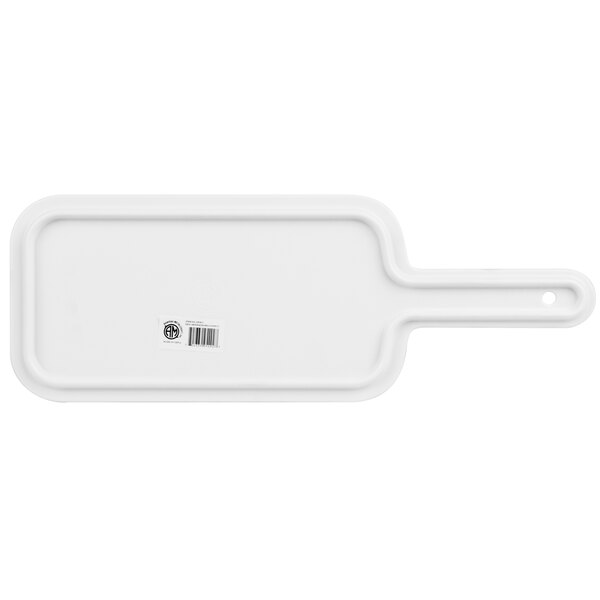 A white rectangular melamine serving peel with a faux acacia design on the handle.
