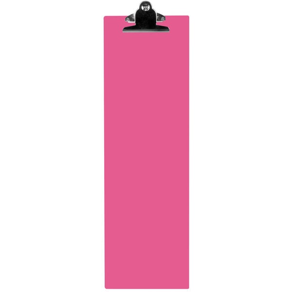 A pink rectangular acrylic menu clipboard with a black clip.