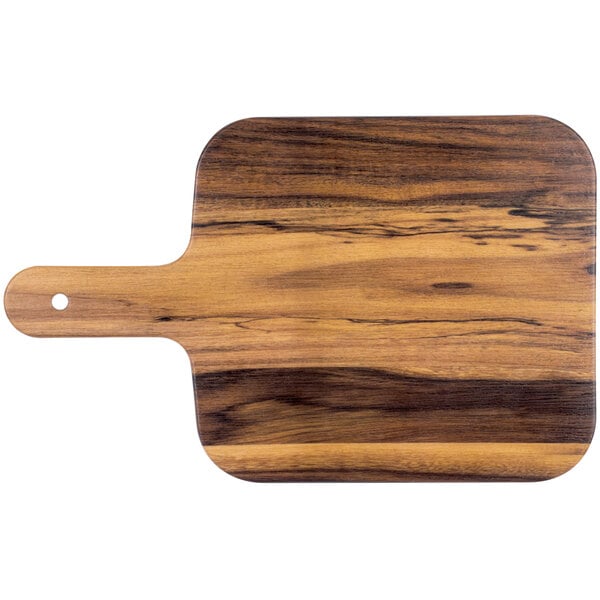 An American Metalcraft faux acacia melamine serving peel shaped like a wooden cutting board with a handle.