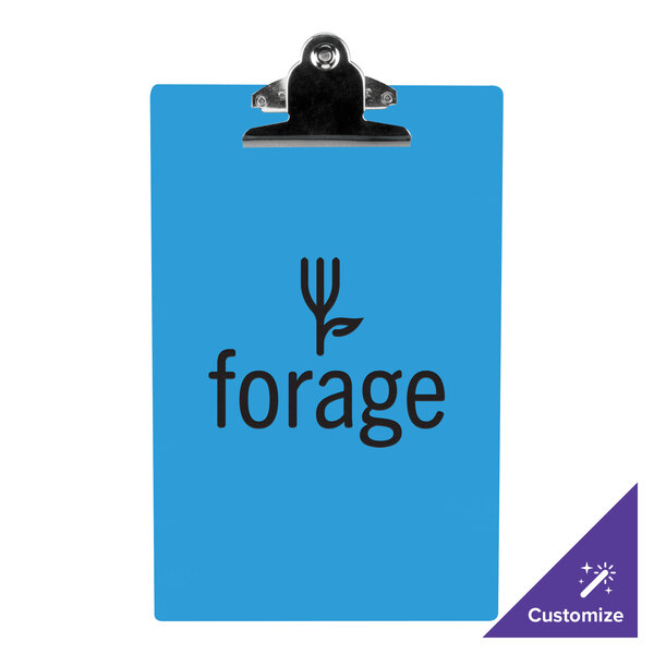 A blue Menu Solutions acrylic clipboard with black text on it.
