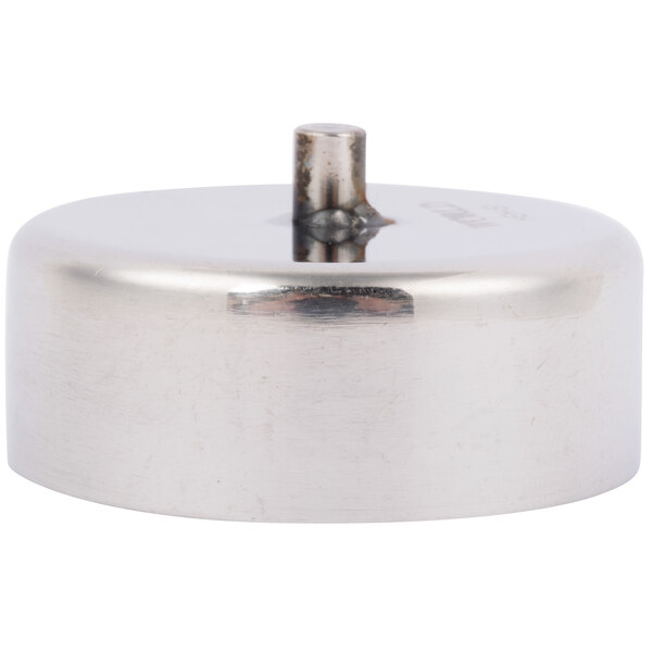 A stainless steel Libbey personal chafing dish heating element holder with a round top and metal peg.