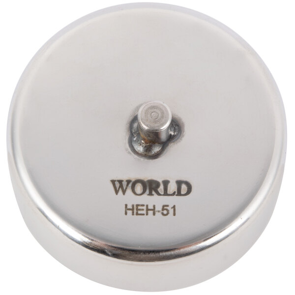 A Libbey stainless steel round metal holder with a screw top peg.