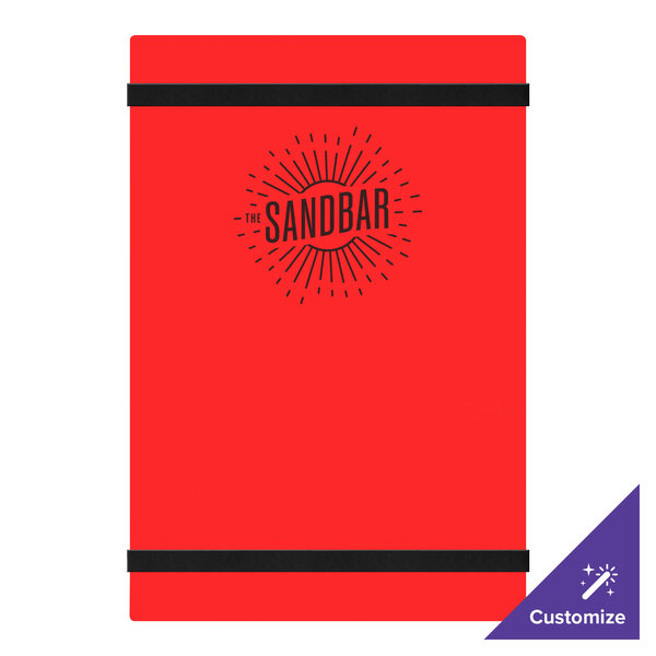 A red rectangular Menu Solutions menu board with black straps and the word "sandbar" in black.