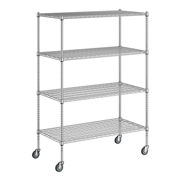 A metal wire shelving unit with four shelves.