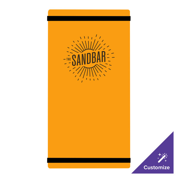 An orange rectangular acrylic menu board with black straps.