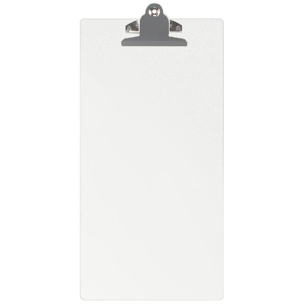 A white rectangular acrylic menu clipboard with a silver clip.