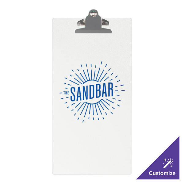 A clear frosted acrylic Menu Solutions clipboard with white paper and a blue logo on it.
