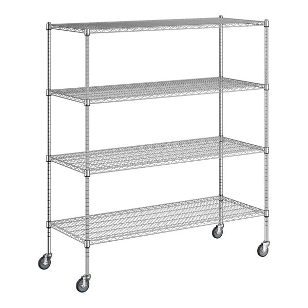 A Regency wire shelving unit with wheels.