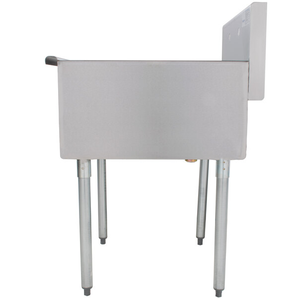 A white rectangular stainless steel sink with legs and a drain.