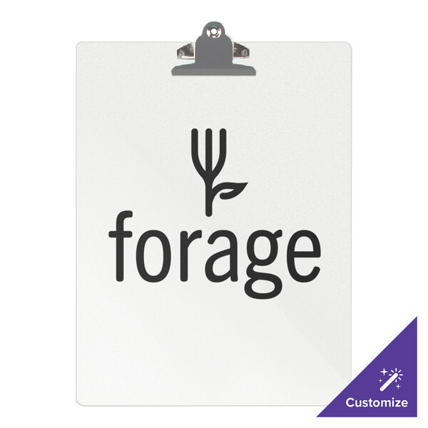 A clear frosted acrylic menu clip board with black text that says "forge" on it.