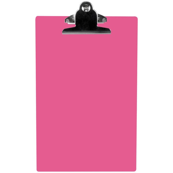 A pink rectangular Menu Solutions clipboard with a metal clip.