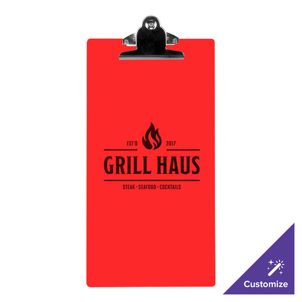 A red Menu Solutions acrylic clipboard with the words "grill haus" on it.