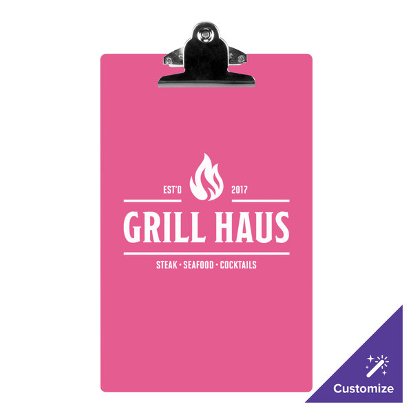 A pink Menu Solutions acrylic clipboard with white text on it.