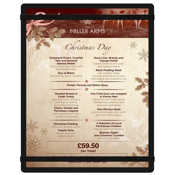 A black Menu Solutions menu board with rubber band straps on a table in a buffet restaurant.