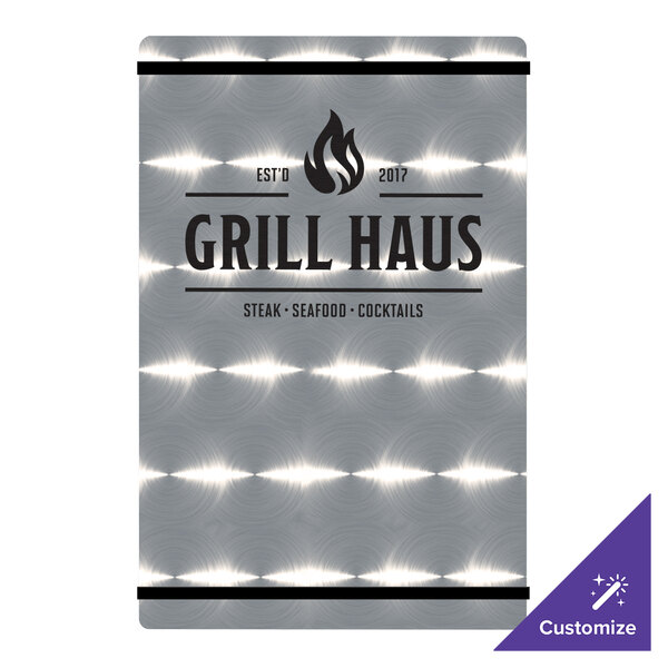 A Menu Solutions Alumitique menu board with black bands on a counter.